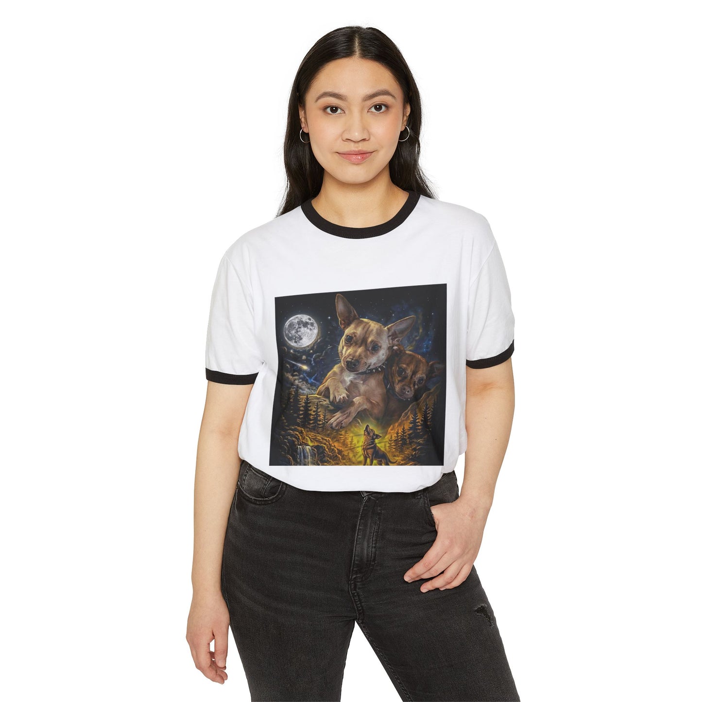 Chihuahua Moon Ringer T-Shirt — Night Forest Wildlife Graphic Tee